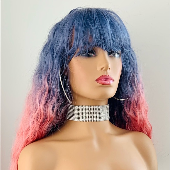 A Very Pretty Purple & Pink Long Wavy Synthetic Wig with Bangs - Picture 4 of 13